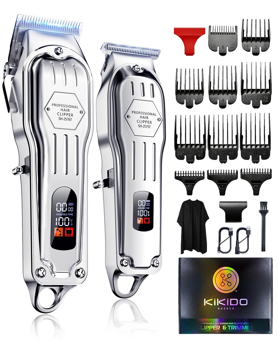 KIKIDO Professional Cordless Hair Clippers for Men - Wireless LCD Display Hair Trimming Kit, Rechargeable Haircut Machine for Family Use (Silver) Avelisse
