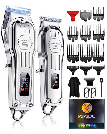 KIKIDO Professional Cordless Hair Clippers for Men - Wireless LCD Display Hair Trimming Kit, Rechargeable Haircut Machine for Family Use (Silver) Avelisse