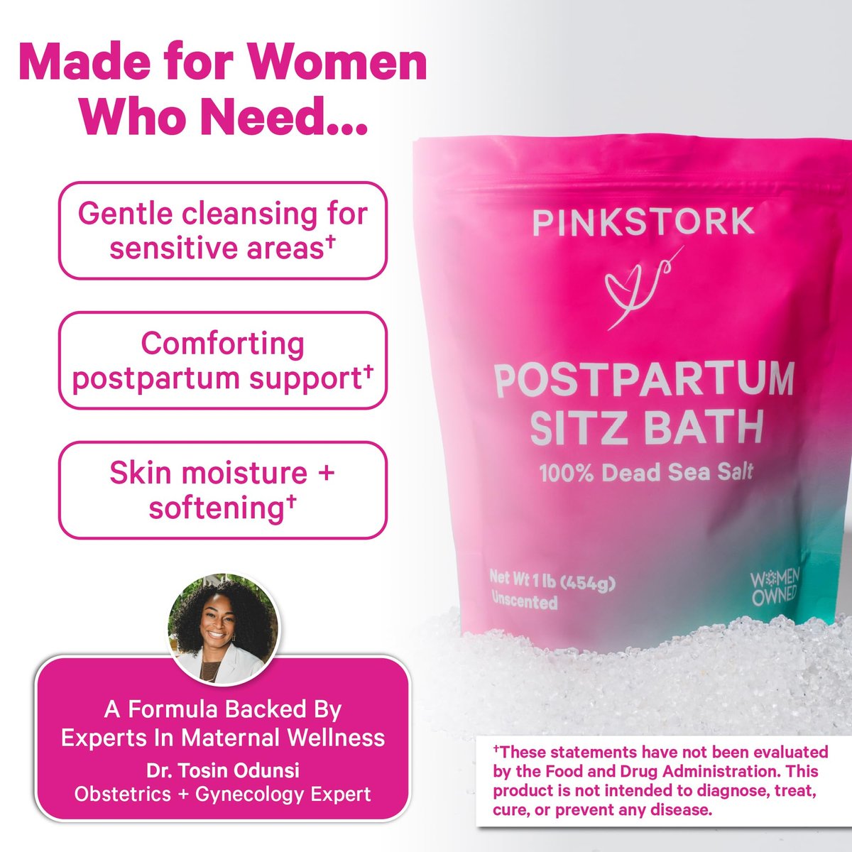 Pink Stork Postpartum Sitz Bath Soak - Unscented Dead Sea Salt for Perineal Care & Recovery, 16 oz Avelisse