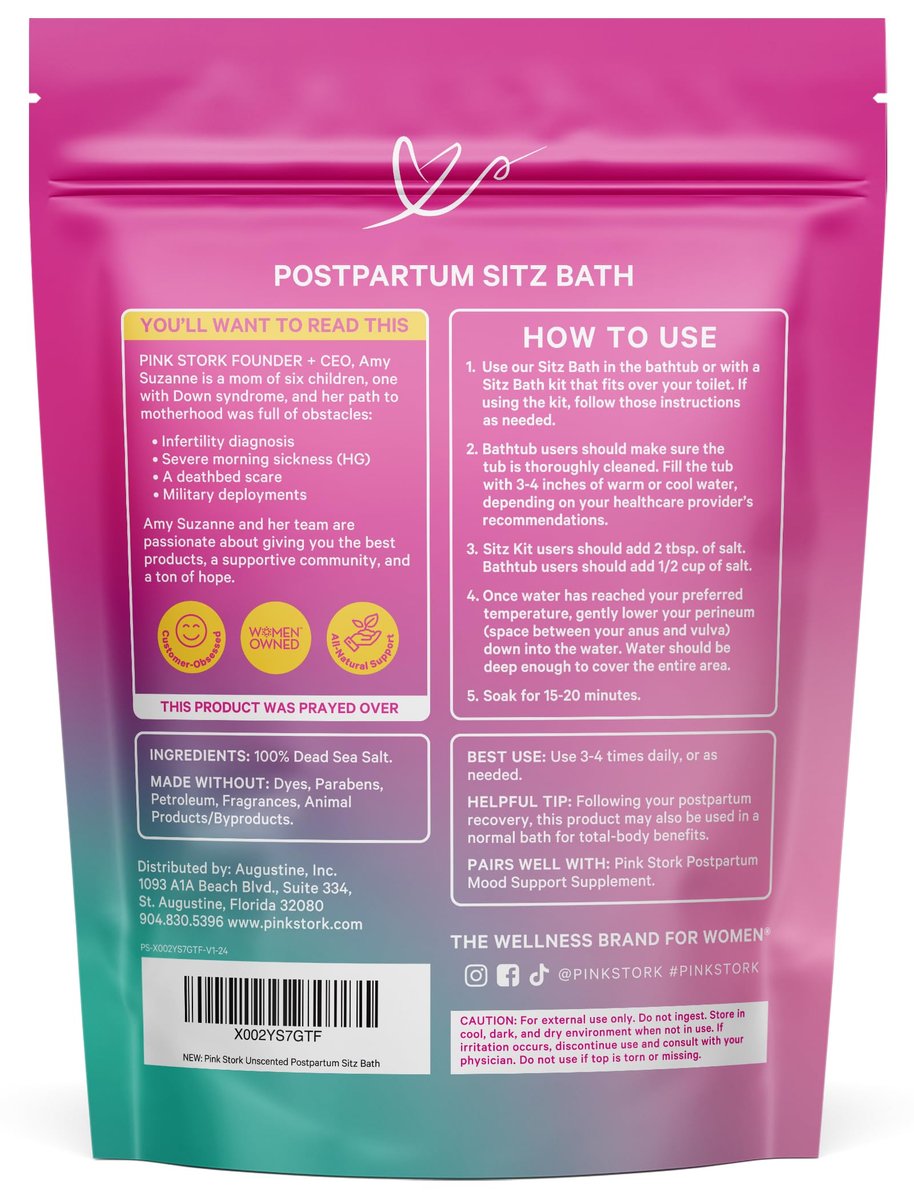 Pink Stork Postpartum Sitz Bath Soak - Unscented Dead Sea Salt for Perineal Care & Recovery, 16 oz Avelisse