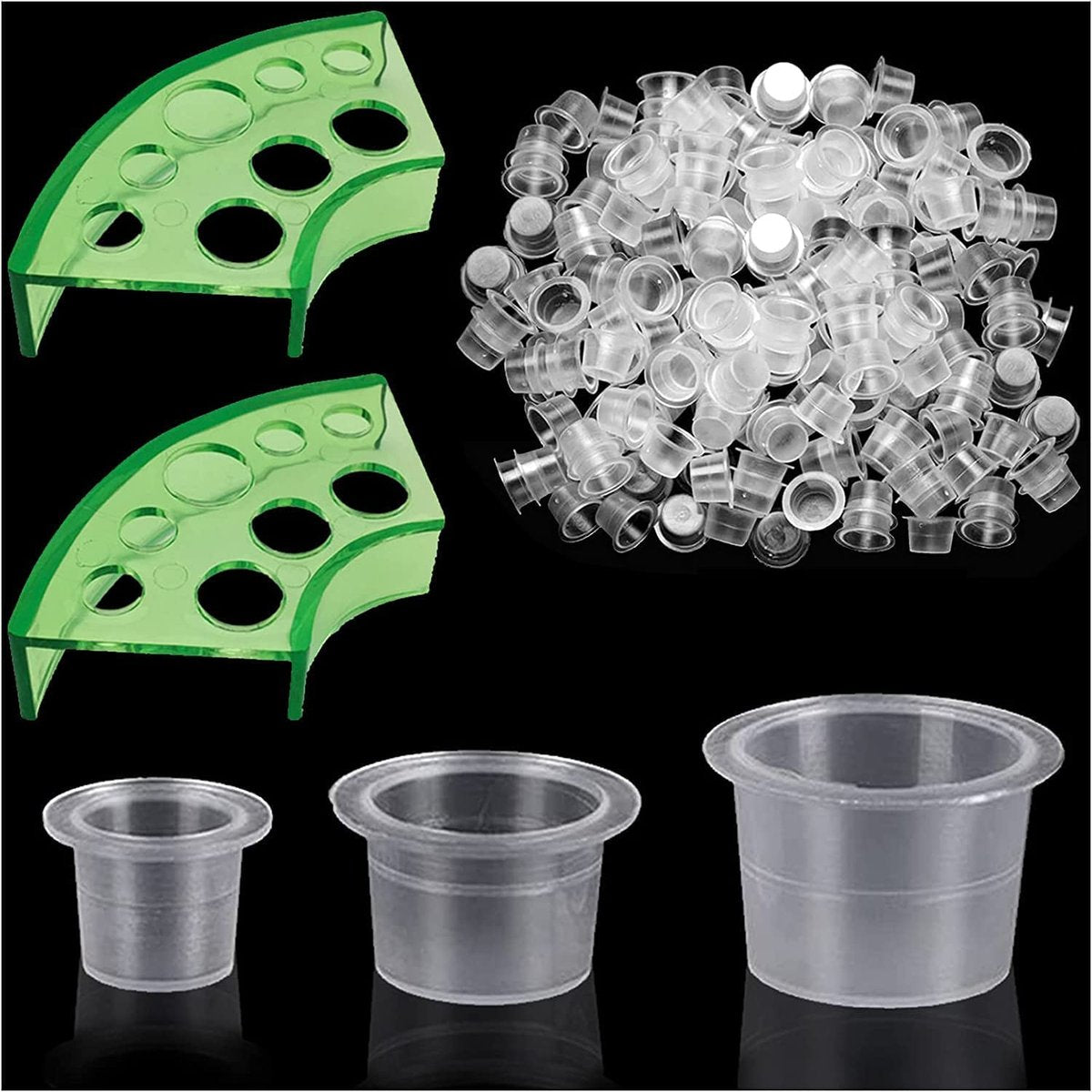 300pcs Tattoo Ink Caps with 2 Cups Holders - Moricher 100 Small 100 Medium 100 Large Tattoo Ink Cups +2 Cups Holders for Tattoo Ink Permanent Makeup Container Cap Tattoo Accessory - görsel 1