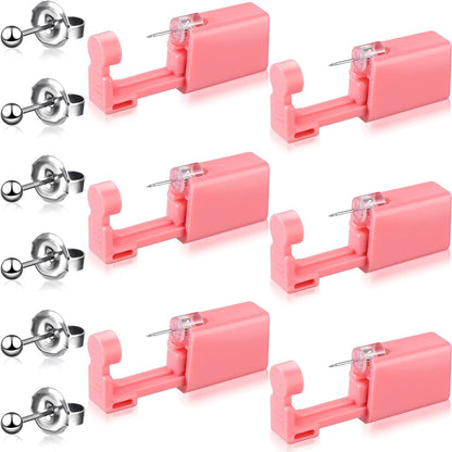 Honoson 6-Piece Disposable Ear Piercing Gun Kit with Earrings - Self Ear Piercer for Men and Women, Portable Body Piercing Tools, Includes Studs (Pink, Bead Style)