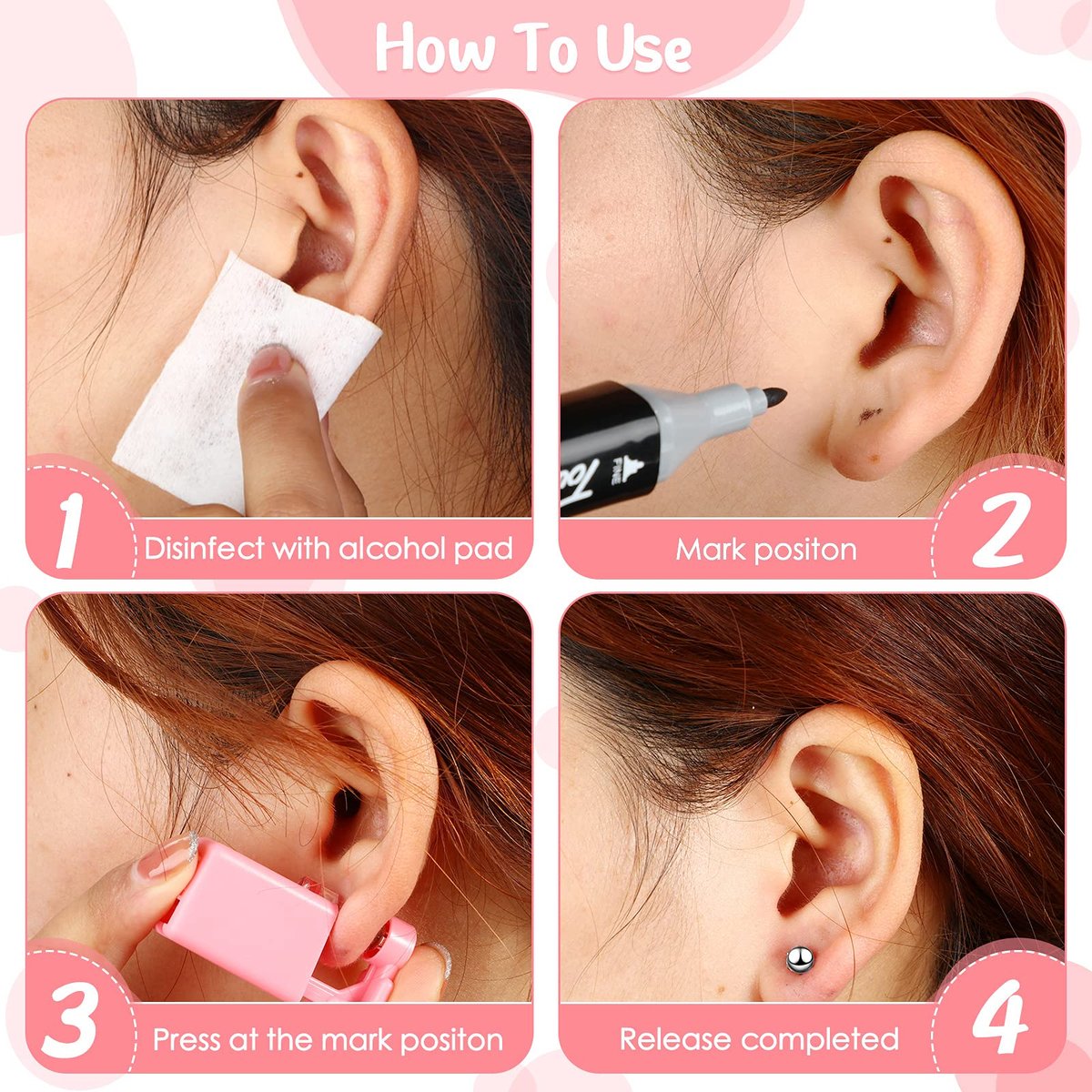 Honoson 6-Piece Disposable Ear Piercing Gun Kit with Earrings - Self Ear Piercer for Men and Women, Portable Body Piercing Tools, Includes Studs (Pink, Bead Style) - görsel 3