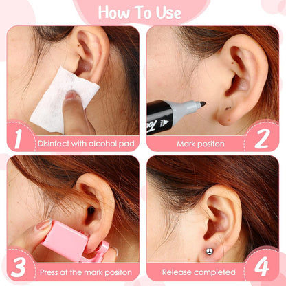 Honoson 6-Piece Disposable Ear Piercing Gun Kit with Earrings - Self Ear Piercer for Men and Women, Portable Body Piercing Tools, Includes Studs (Pink, Bead Style)