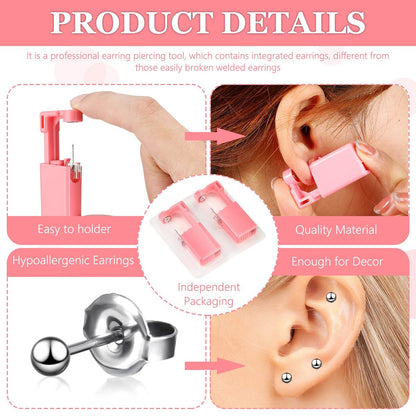 Honoson 6-Piece Disposable Ear Piercing Gun Kit with Earrings - Self Ear Piercer for Men and Women, Portable Body Piercing Tools, Includes Studs (Pink, Bead Style)