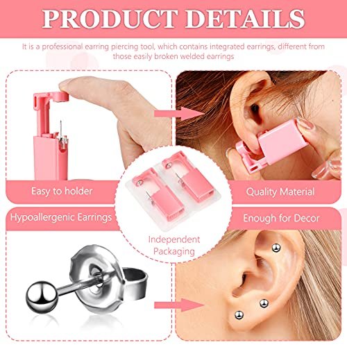 Honoson 6-Piece Disposable Ear Piercing Gun Kit with Earrings - Self Ear Piercer for Men and Women, Portable Body Piercing Tools, Includes Studs (Pink, Bead Style) - görsel 8