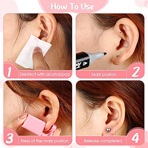Honoson 6-Piece Disposable Ear Piercing Gun Kit with Earrings - Self Ear Piercer for Men and Women, Portable Body Piercing Tools, Includes Studs (Pink, Bead Style) - görsel 4