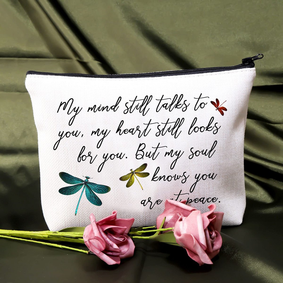 BDPWSS Dragonfly Travel Pouch – Memorial Gift – Sympathy – My Mind Still Talks To You – My Heart Still Looks For You – Cosmetic Makeup Bag (Dragonfly at Peace) - görsel 9