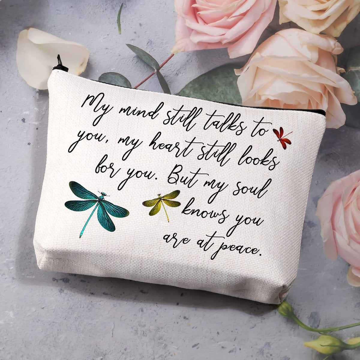 BDPWSS Dragonfly Travel Pouch – Memorial Gift – Sympathy – My Mind Still Talks To You – My Heart Still Looks For You – Cosmetic Makeup Bag (Dragonfly at Peace) - görsel 5