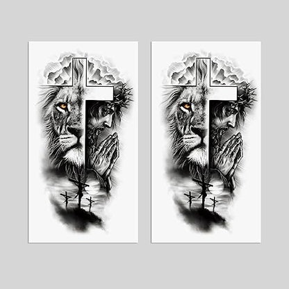 Oottati 2 Sheets Realistic Animal Temporary Tattoos – Forest Lion & Cross Designs for Men – Waterproof Arm Leg Fake Body Art, Gym & Parties