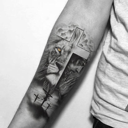 Oottati 2 Sheets Realistic Animal Temporary Tattoos – Forest Lion & Cross Designs for Men – Waterproof Arm Leg Fake Body Art, Gym & Parties