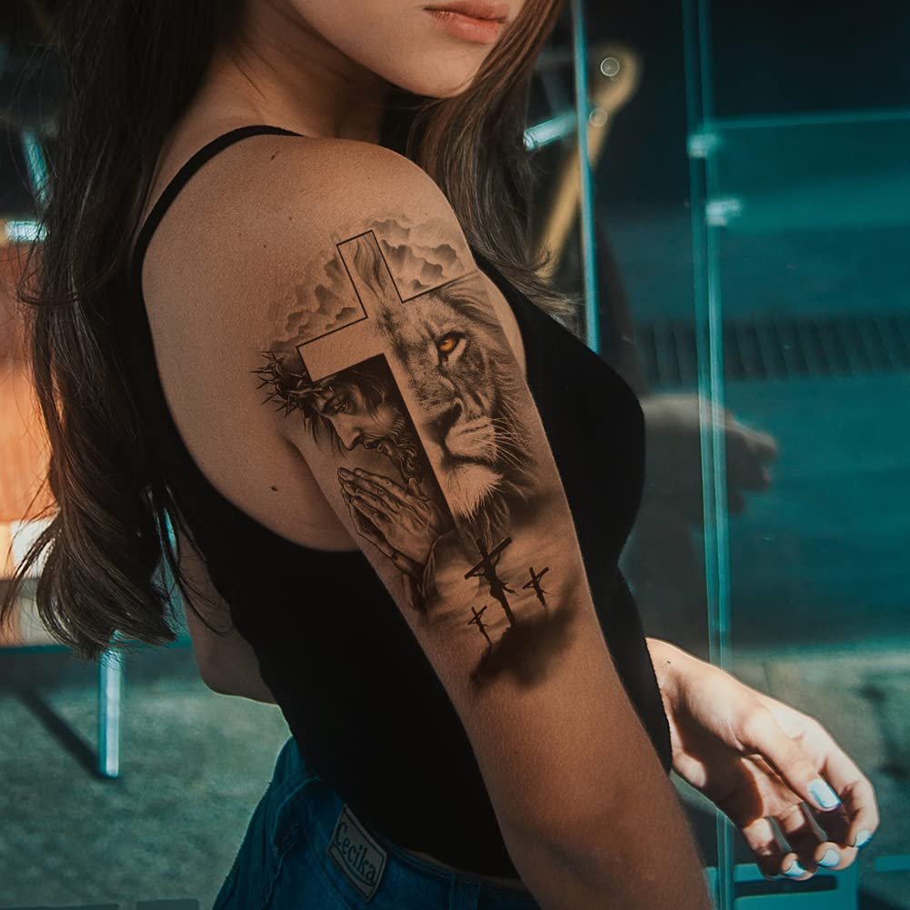 Oottati 2 Sheets Realistic Animal Temporary Tattoos – Forest Lion & Cross Designs for Men – Waterproof Arm Leg Fake Body Art, Gym & Parties - görsel 9
