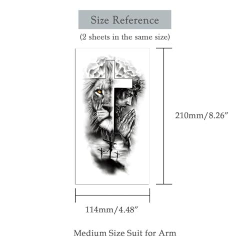 Oottati 2 Sheets Realistic Animal Temporary Tattoos – Forest Lion & Cross Designs for Men – Waterproof Arm Leg Fake Body Art, Gym & Parties - görsel 6