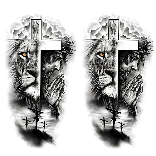 Oottati 2 Sheets Realistic Animal Temporary Tattoos – Forest Lion & Cross Designs for Men – Waterproof Arm Leg Fake Body Art, Gym & Parties - görsel 2