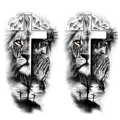 Oottati 2 Sheets Realistic Animal Temporary Tattoos – Forest Lion & Cross Designs for Men – Waterproof Arm Leg Fake Body Art, Gym & Parties