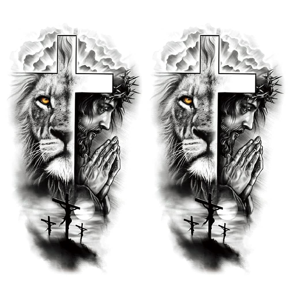Oottati 2 Sheets Realistic Animal Temporary Tattoos – Forest Lion & Cross Designs for Men – Waterproof Arm Leg Fake Body Art, Gym & Parties - görsel 1