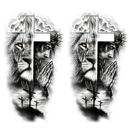 Oottati 2 Sheets Realistic Animal Temporary Tattoos – Forest Lion & Cross Designs for Men – Waterproof Arm Leg Fake Body Art, Gym & Parties