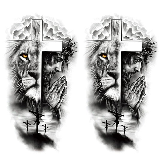Oottati 2 Sheets Realistic Animal Temporary Tattoos – Forest Lion & Cross Designs for Men – Waterproof Arm Leg Fake Body Art, Gym & Parties