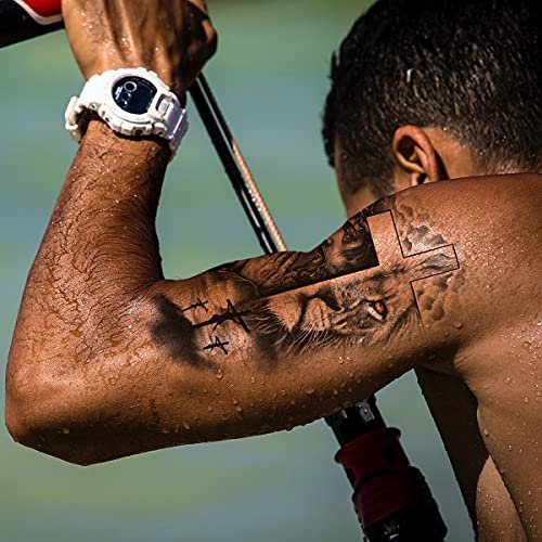 Oottati 2 Sheets Realistic Animal Temporary Tattoos – Forest Lion & Cross Designs for Men – Waterproof Arm Leg Fake Body Art, Gym & Parties - görsel 4