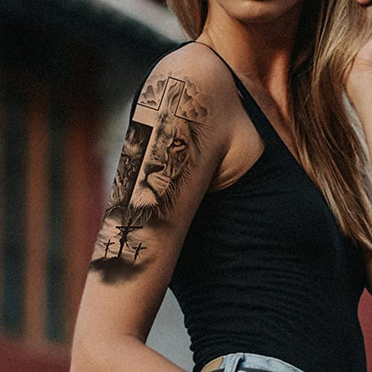 Oottati 2 Sheets Realistic Animal Temporary Tattoos – Forest Lion & Cross Designs for Men – Waterproof Arm Leg Fake Body Art, Gym & Parties