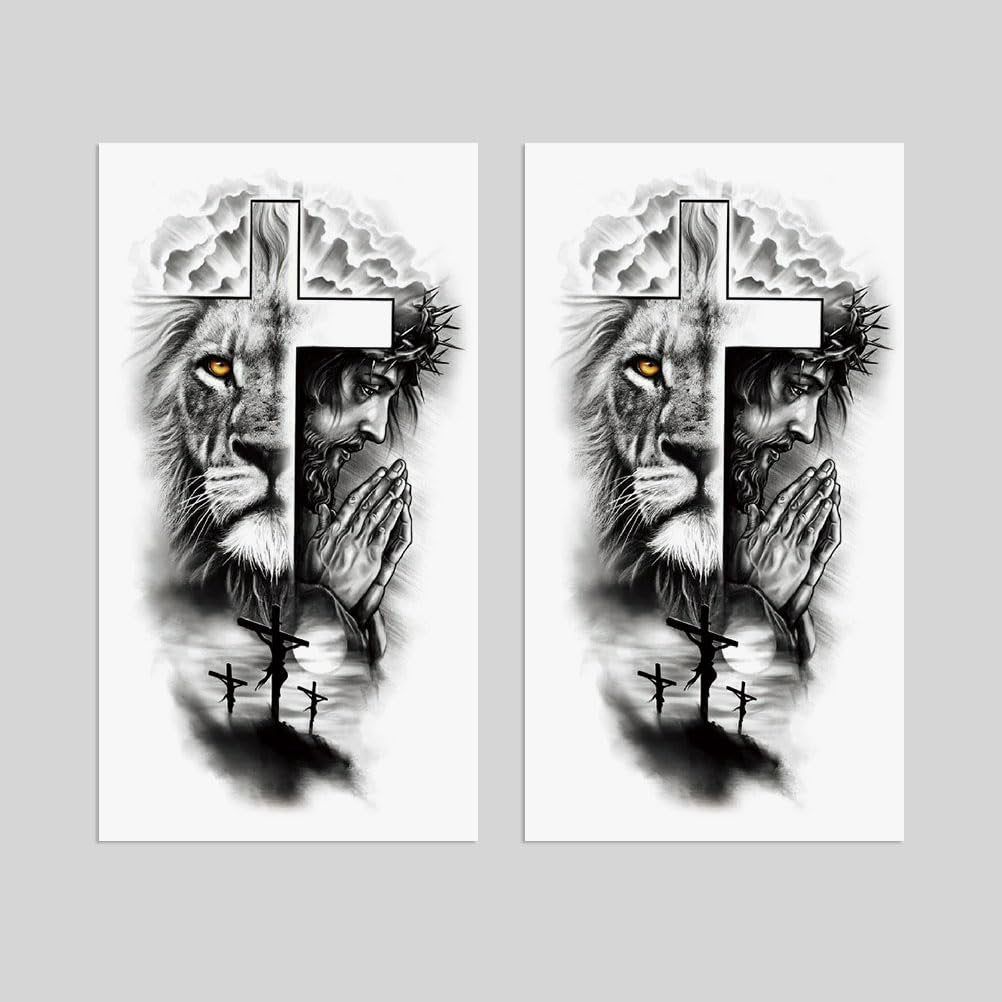 Oottati 2 Sheets Realistic Animal Temporary Tattoos – Forest Lion & Cross Designs for Men – Waterproof Arm Leg Fake Body Art, Gym & Parties - görsel 15