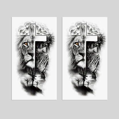 Oottati 2 Sheets Realistic Animal Temporary Tattoos – Forest Lion & Cross Designs for Men – Waterproof Arm Leg Fake Body Art, Gym & Parties
