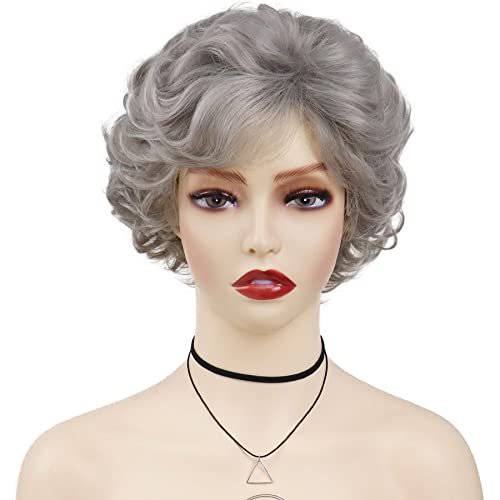 GNIMEGIL Short Grey Curly Wig with Bangs for Women - Natural Looking Pixie Granny Wig, Synthetic Elderly Blanche Wig for Seniors, Gray Color - görsel 10