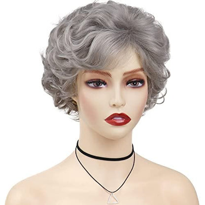 GNIMEGIL Short Grey Curly Wig with Bangs for Women - Natural Looking Pixie Granny Wig, Synthetic Elderly Blanche Wig for Seniors, Gray Color
