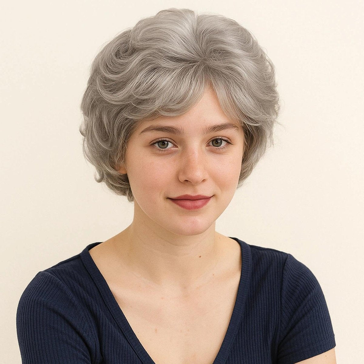 GNIMEGIL Short Grey Curly Wig with Bangs for Women - Natural Looking Pixie Granny Wig, Synthetic Elderly Blanche Wig for Seniors, Gray Color - görsel 13