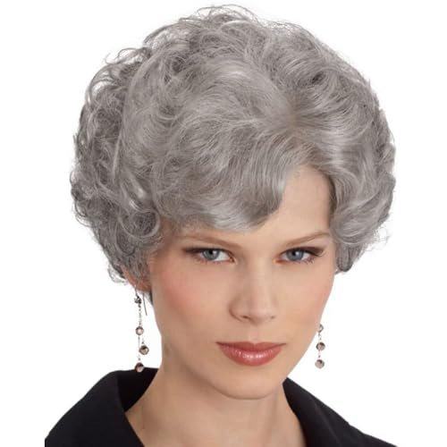 GNIMEGIL Short Grey Curly Wig with Bangs for Women - Natural Looking Pixie Granny Wig, Synthetic Elderly Blanche Wig for Seniors, Gray Color - görsel 2
