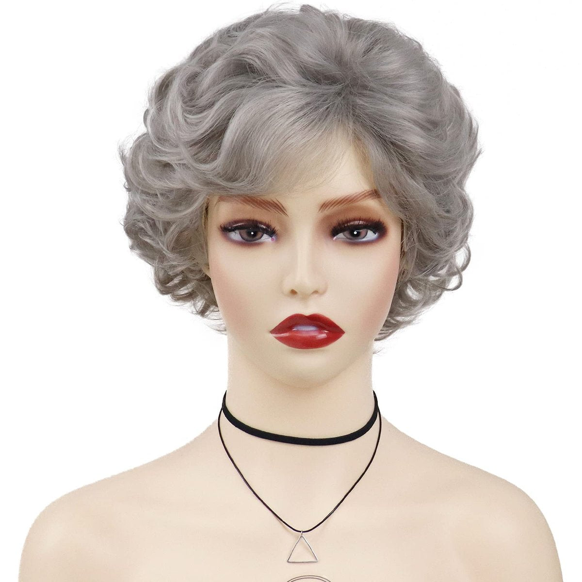GNIMEGIL Short Grey Curly Wig with Bangs for Women - Natural Looking Pixie Granny Wig, Synthetic Elderly Blanche Wig for Seniors, Gray Color - görsel 9
