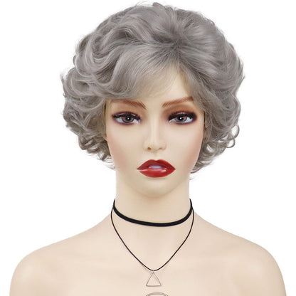 GNIMEGIL Short Grey Curly Wig with Bangs for Women - Natural Looking Pixie Granny Wig, Synthetic Elderly Blanche Wig for Seniors, Gray Color