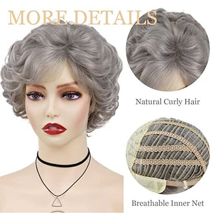 GNIMEGIL Short Grey Curly Wig with Bangs for Women - Natural Looking Pixie Granny Wig, Synthetic Elderly Blanche Wig for Seniors, Gray Color