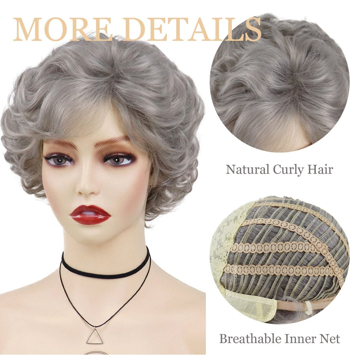 GNIMEGIL Short Grey Curly Wig with Bangs for Women - Natural Looking Pixie Granny Wig, Synthetic Elderly Blanche Wig for Seniors, Gray Color - görsel 3