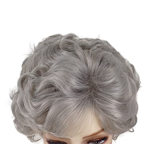 GNIMEGIL Short Grey Curly Wig with Bangs for Women - Natural Looking Pixie Granny Wig, Synthetic Elderly Blanche Wig for Seniors, Gray Color - görsel 12