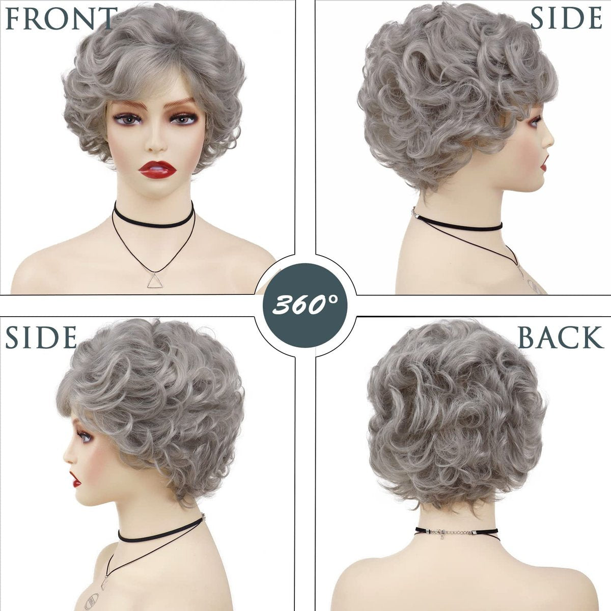 GNIMEGIL Short Grey Curly Wig with Bangs for Women - Natural Looking Pixie Granny Wig, Synthetic Elderly Blanche Wig for Seniors, Gray Color - görsel 5