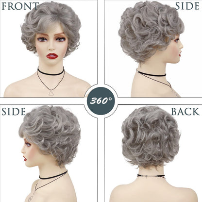 GNIMEGIL Short Grey Curly Wig with Bangs for Women - Natural Looking Pixie Granny Wig, Synthetic Elderly Blanche Wig for Seniors, Gray Color