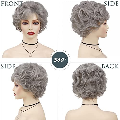 GNIMEGIL Short Grey Curly Wig with Bangs for Women - Natural Looking Pixie Granny Wig, Synthetic Elderly Blanche Wig for Seniors, Gray Color - görsel 6