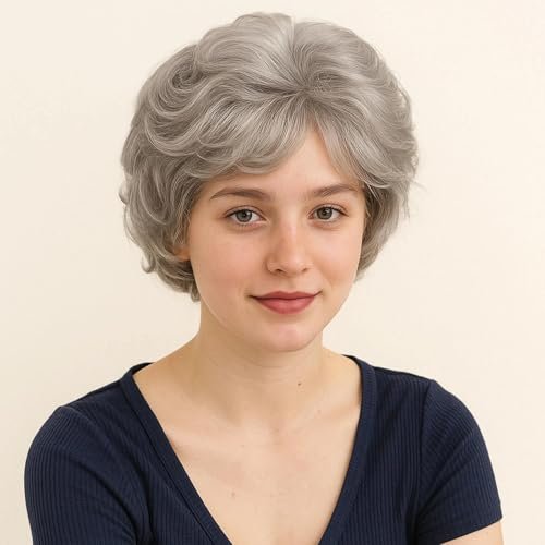 GNIMEGIL Short Grey Curly Wig with Bangs for Women - Natural Looking Pixie Granny Wig, Synthetic Elderly Blanche Wig for Seniors, Gray Color - görsel 14