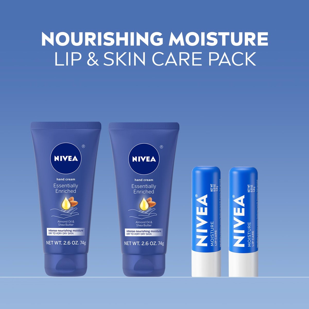 NIVEA Moisturizing Must-Haves Skin Care Set – Essentially Enriched Hand Cream 2.6 oz (Pack of 2) + Moisture Lip Care Lip Balm 0.17 oz (Pack of 2), 4-Piece Set for Dry Skin Avelisse