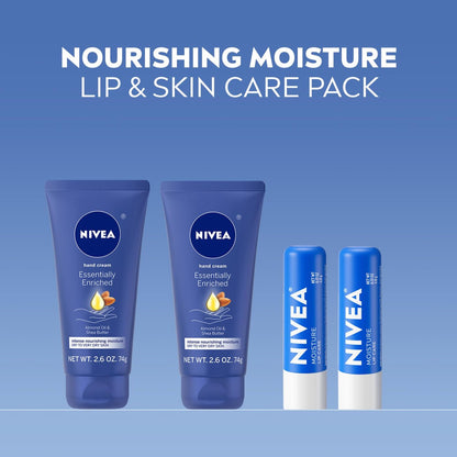 NIVEA Moisturizing Must-Haves Skin Care Set – Essentially Enriched Hand Cream 2.6 oz (Pack of 2) + Moisture Lip Care Lip Balm 0.17 oz (Pack of 2), 4-Piece Set for Dry Skin Avelisse