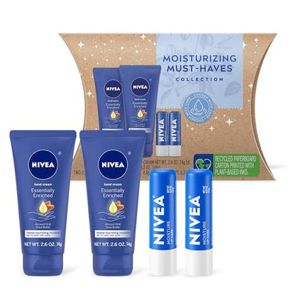 NIVEA Moisturizing Must-Haves Skin Care Set – Essentially Enriched Hand Cream 2.6 oz (Pack of 2) + Moisture Lip Care Lip Balm 0.17 oz (Pack of 2), 4-Piece Set for Dry Skin Avelisse