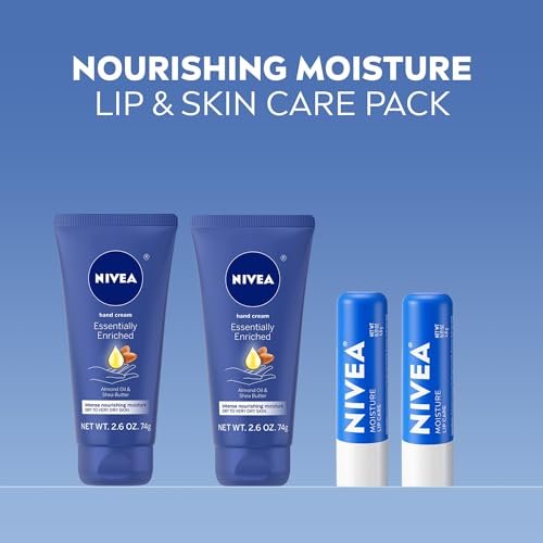 NIVEA Moisturizing Must-Haves Skin Care Set – Essentially Enriched Hand Cream 2.6 oz (Pack of 2) + Moisture Lip Care Lip Balm 0.17 oz (Pack of 2), 4-Piece Set for Dry Skin Avelisse