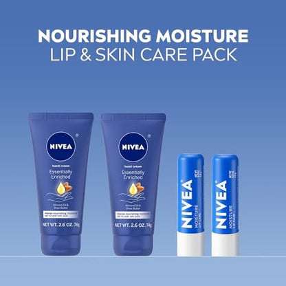 NIVEA Moisturizing Must-Haves Skin Care Set – Essentially Enriched Hand Cream 2.6 oz (Pack of 2) + Moisture Lip Care Lip Balm 0.17 oz (Pack of 2), 4-Piece Set for Dry Skin Avelisse