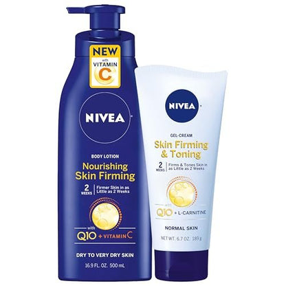 NIVEA Nourishing Hydration Skin Firming Body Lotion 16.9 Fl Oz + Skin Firming & Toning Body Gel Cream with Hyaluronic Acid 6.7 Oz, Enriched with Q10 and Vitamin C Avelisse