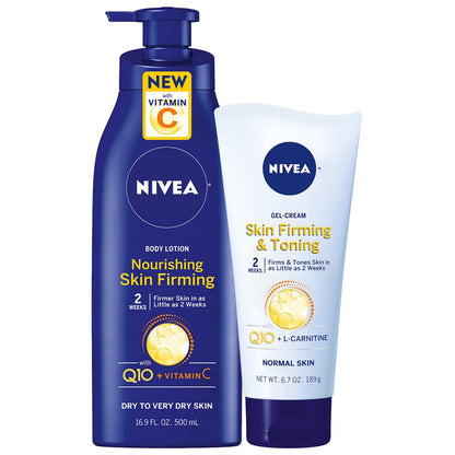 NIVEA Nourishing Hydration Skin Firming Body Lotion 16.9 Fl Oz + Skin Firming & Toning Body Gel Cream with Hyaluronic Acid 6.7 Oz, Enriched with Q10 and Vitamin C Avelisse