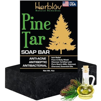 All Natural Pine Tar Soap Bar 4oz – Cleansing Anti Acne Eczema Psoriasis Itch Relief Pine Tar Face & Body Wash Cleanser – Pure Goat’s Milk Soap with Oatmeal, Charcoal, Essential Oils Made in USA