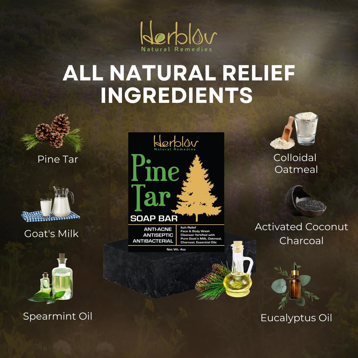All Natural Pine Tar Soap Bar 4oz – Cleansing Anti Acne Eczema Psoriasis Itch Relief Pine Tar Face & Body Wash Cleanser – Pure Goat’s Milk Soap with Oatmeal, Charcoal, Essential Oils Made in USA - görsel 11