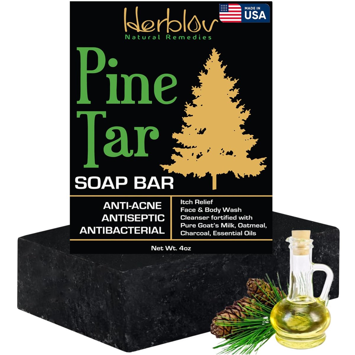 All Natural Pine Tar Soap Bar 4oz – Cleansing Anti Acne Eczema Psoriasis Itch Relief Pine Tar Face & Body Wash Cleanser – Pure Goat’s Milk Soap with Oatmeal, Charcoal, Essential Oils Made in USA - görsel 1