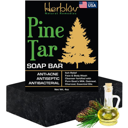 All Natural Pine Tar Soap Bar 4oz – Cleansing Anti Acne Eczema Psoriasis Itch Relief Pine Tar Face & Body Wash Cleanser – Pure Goat’s Milk Soap with Oatmeal, Charcoal, Essential Oils Made in USA